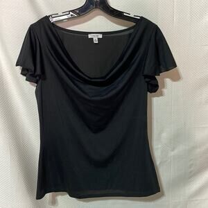 Cache m black ruffled short sleeve cascading neckline shaped top euc worn once
